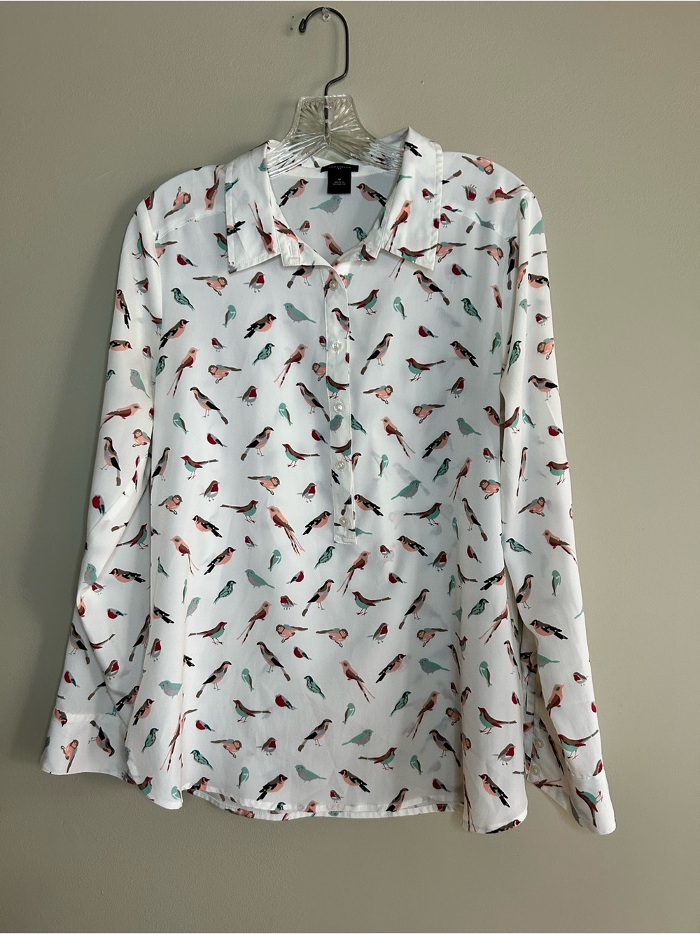 Ann Taylor White Bird-Print Long Sleeve Blouse